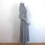 Zimmermann navy and white striped cowl-neck blouson-sleeve silk midi dress, pre-owned luxury piece