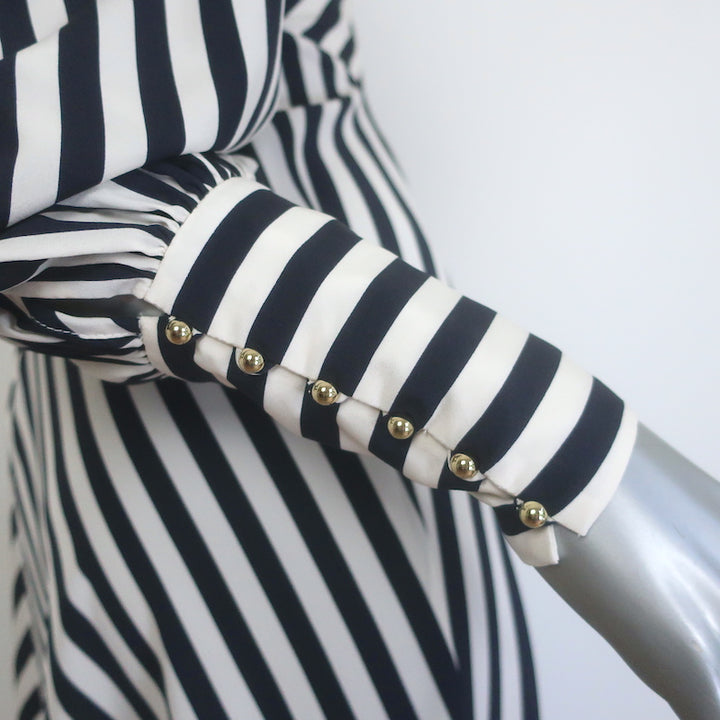 Zimmermann silk navy-and-white striped cowl-neck blouson-sleeve midi dress, size 0 — pre-owned, authentic luxury