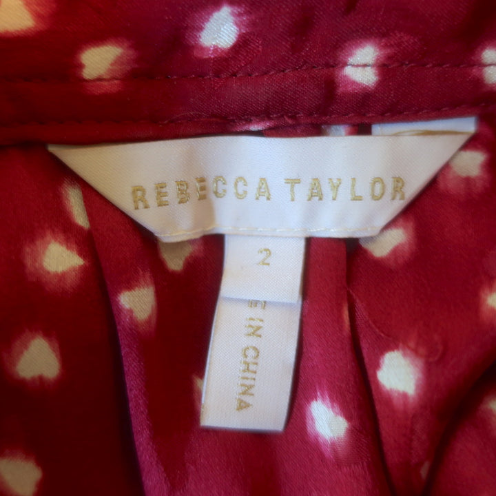 Rebecca Taylor Heart Print Tie-Neck Dress Red Silk Size 2 Long Sleeve Shirtdress