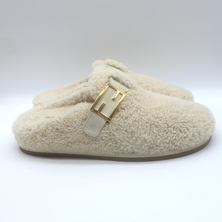 Fendi Feel Shearling Mules Cream Size 40