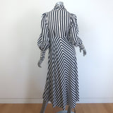 Zimmermann silk cowl-neck striped midi dress in navy and white with blouson sleeves, authentic pre-owned
