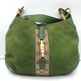Gucci Jackie Nailhead Hobo Green Suede and GG Canvas Small Shoulder Bag