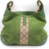 Gucci Jackie Nailhead Hobo Green Suede and GG Canvas Small Shoulder Bag