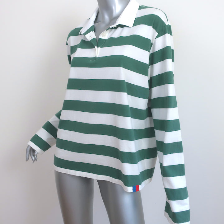 Kule The Rugby Striped Polo Shirt Green/White Size Large Long Sleeve Top