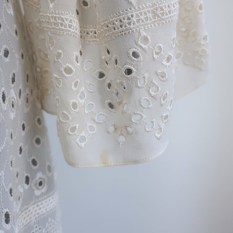 Saint Laurent broderie anglaise bell-sleeve midi dress in cream georgette, authentic pre-owned designer piece