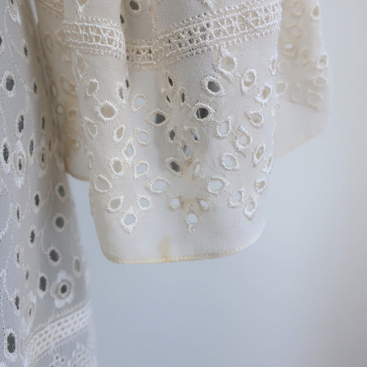 Saint Laurent broderie anglaise bell-sleeve midi dress in cream georgette, authentic pre-owned designer piece