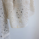 Saint Laurent broderie anglaise bell-sleeve midi dress in cream georgette, authentic pre-owned designer piece