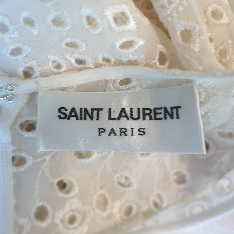 Saint Laurent bell-sleeve broderie anglaise dress in cream georgette, authentic pre-owned luxury piece.