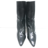 Manolo Blahnik Boots Black Leather Size 37.5 Pointed Toe Kitten Heel