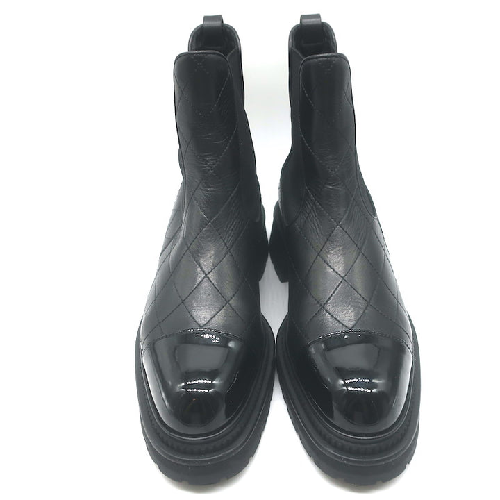 Chanel 26C Patent Cap Toe Quilted Leather Chelsea Boots Black Size 41