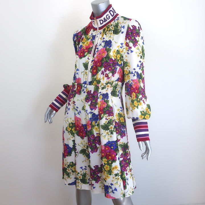 Dolce &amp; Gabbana Long Sleeve High Neck Dress Fiorellini Floral Print Silk Size 44