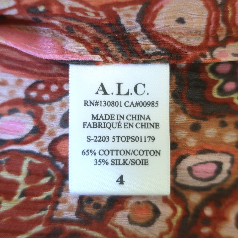 A.L.C Julianna Blouse Pink Floral Print Cotton-Silk Size 4 Short Sleeve Top