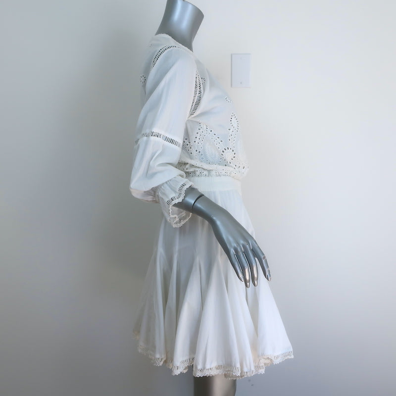 MISA Lex Broderie Anglaise Bell Sleeve Mini Dress White Cotton Size Extra Small