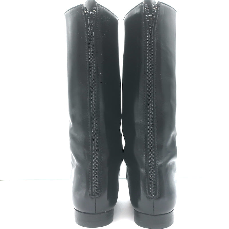 Manolo Blahnik Mid-Calf Flat Boots Black Leather Size 38