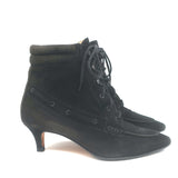 Manolo Blahnik Lace-Up Ankle Boots Black Suede Size 38.5 Pointed Toe Kitten Heel