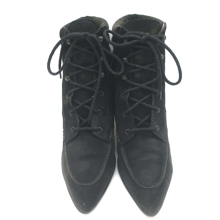 Manolo Blahnik Lace-Up Ankle Boots Black Suede Size 38.5 Pointed Toe Kitten Heel
