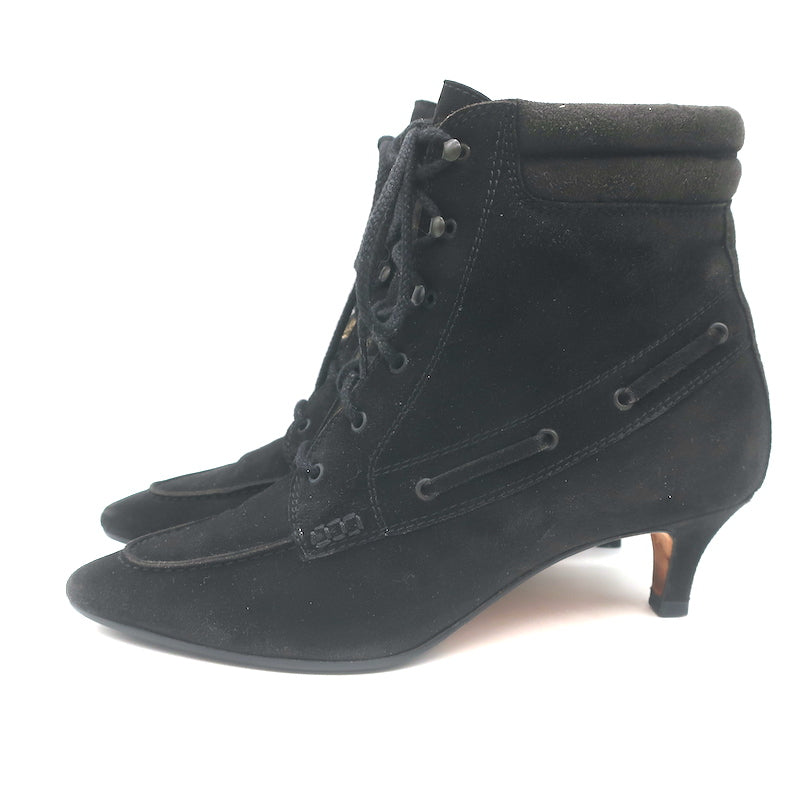 Manolo Blahnik Lace-Up Ankle Boots Black Suede Size 38.5 Pointed Toe Kitten Heel