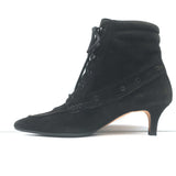 Manolo Blahnik Lace-Up Ankle Boots Black Suede Size 38.5 Pointed Toe Kitten Heel