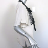 Andrew Gn Beaded Blouse Ivory Silk & Black Lace Size Medium Short Sleeve Top