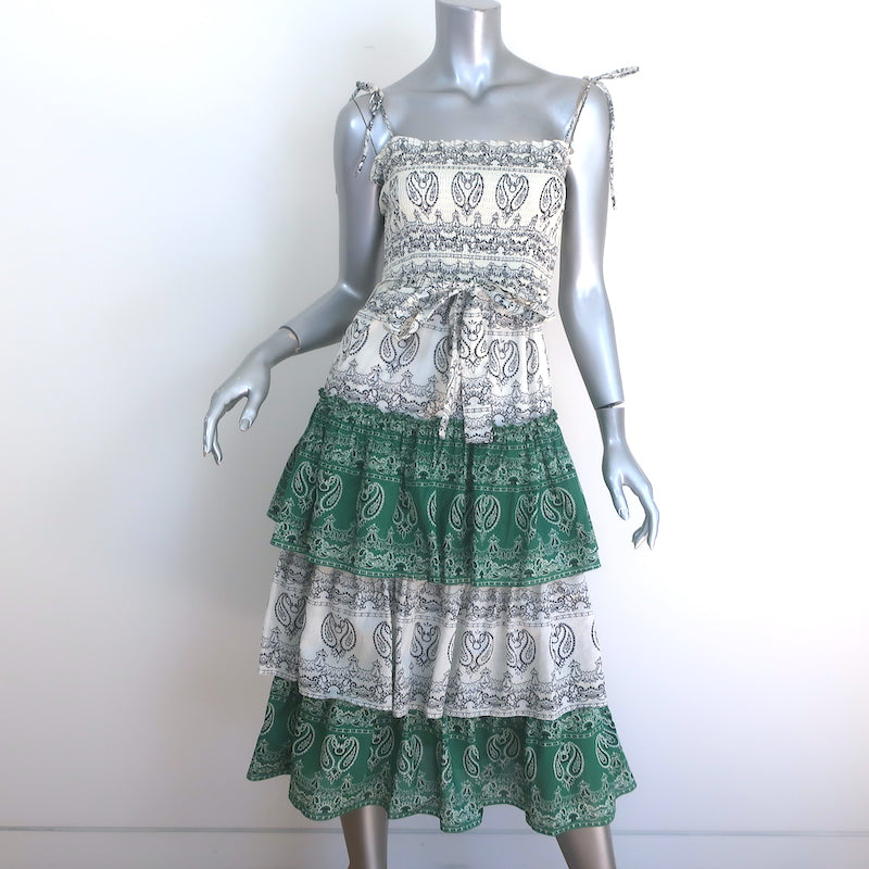 Tory Burch Bandana Print Ruffled Midi Dress Cream/Green Cotton Size Ex Celebrity Owned Tory Burch Bandana Print Ruffled Midi Dress Cream/Green Cotton Size Ex Celebrity Owned