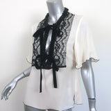 Andrew Gn Beaded Blouse Ivory Silk & Black Lace Size Medium Short Sleeve Top