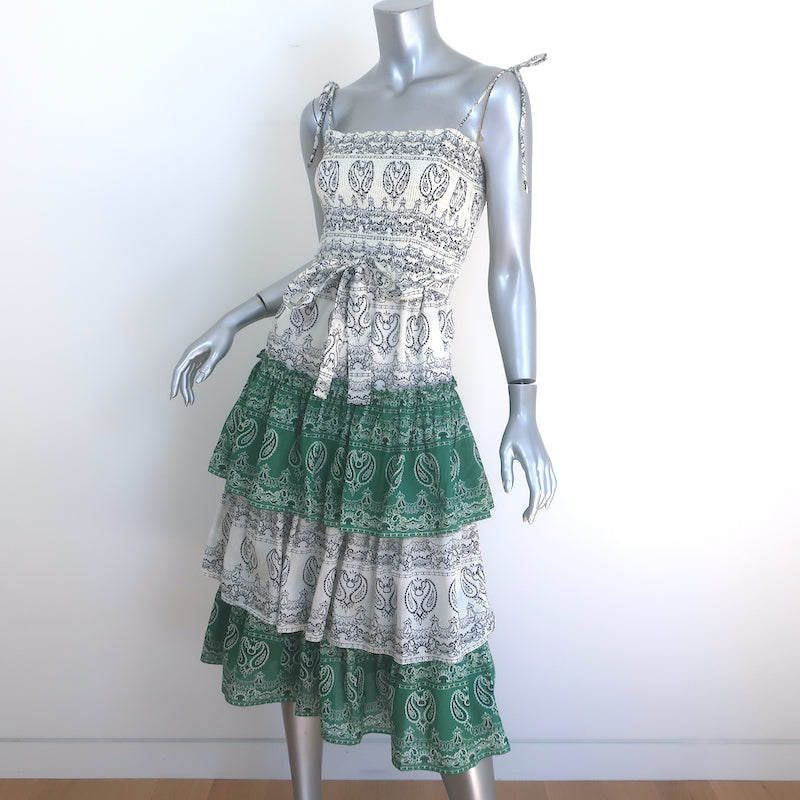 Tory Burch Bandana Print Ruffled Midi Dress Cream/Green Cotton Size Extra Small