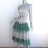 Tory Burch Bandana Print Ruffled Midi Dress Cream/Green Cotton Size Extra Small