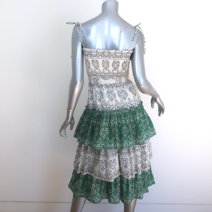 Tory Burch Bandana Print Ruffled Midi Dress Cream/Green Cotton Size Extra Small