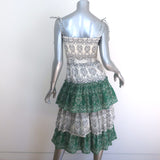 Tory Burch Bandana Print Ruffled Midi Dress Cream/Green Cotton Size Extra Small