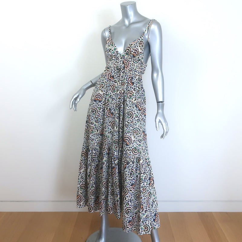 A.L.C. Rhodes Cutout Smocked Midi Dress White Printed Cotton Poplin Size 0