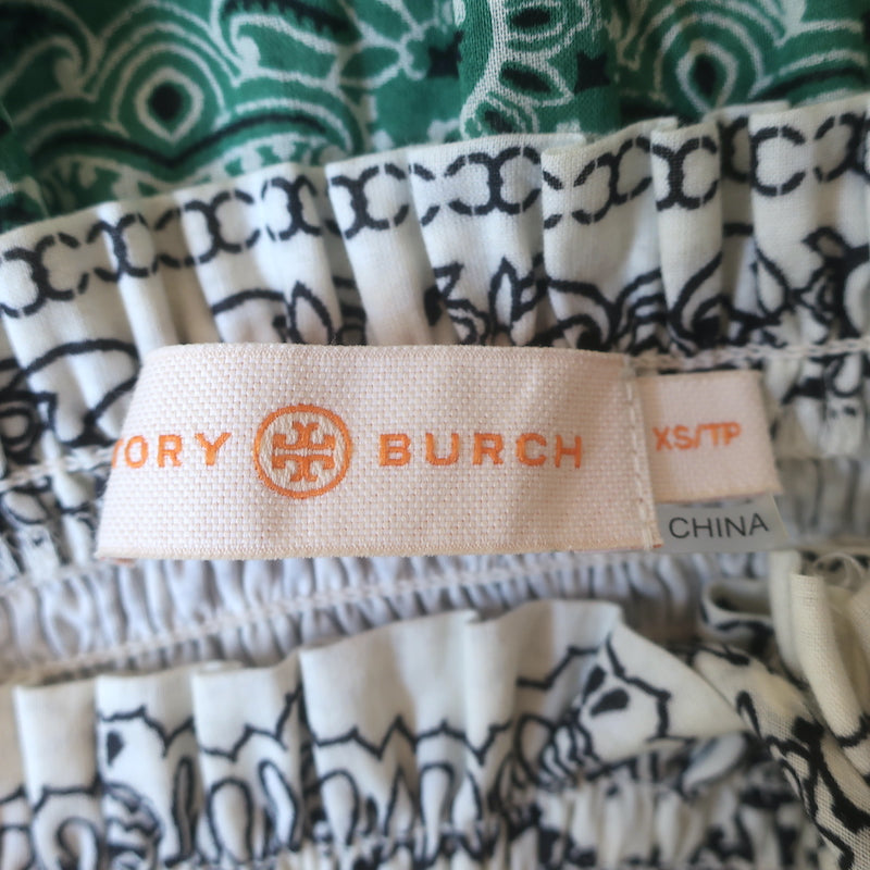 Tory Burch Bandana Print Ruffled Midi Dress Cream/Green Cotton Size Extra Small