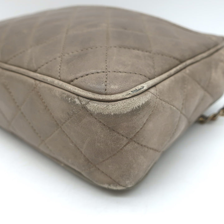 Vintage Chanel CC Tassel Small Camera Bag Taupe Quilted Leather