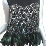 Nicole Miller Beaded Feather Top Black Leather & Silk Size Small