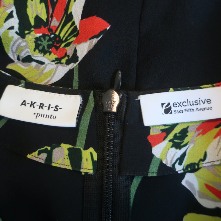 AKRIS Punto Wrap-Effect Blouse Black Poppy Print Silk Size US 12 Long Sleeve Top