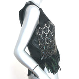 Nicole Miller Beaded Feather Top Black Leather & Silk Size Small