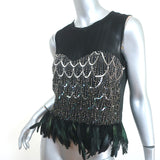 Nicole Miller Beaded Feather Top Black Leather & Silk Size Small