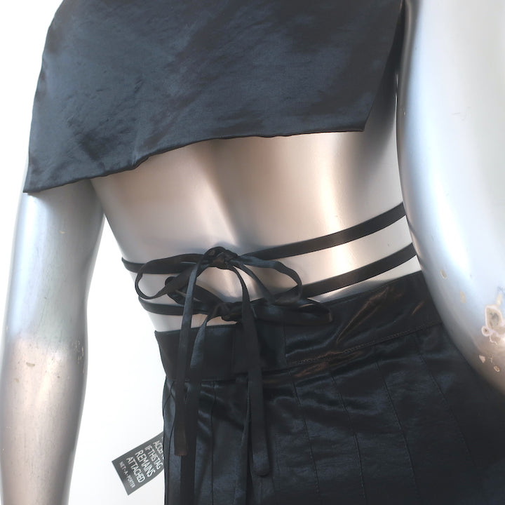 ALEXACHUNG Pleated Satin Open-Back Dress Black Size US 2 NEW