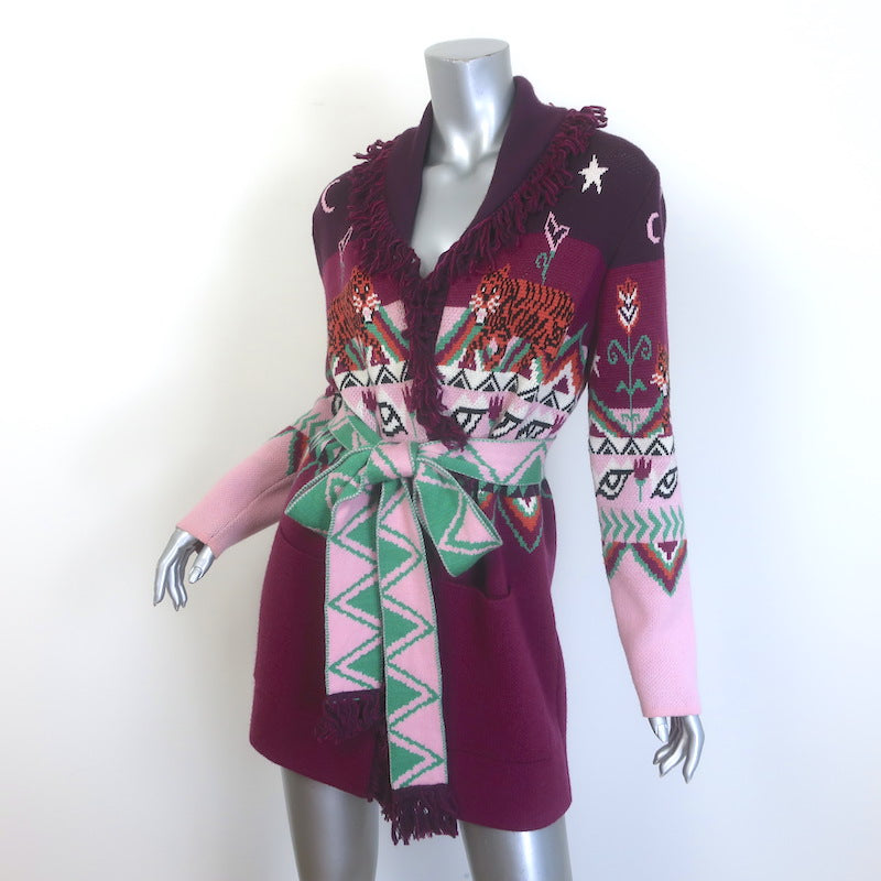 Hayley Menzies Tigress Belted Fringe Cardigan Plum/Multi Wool Size Extra Small