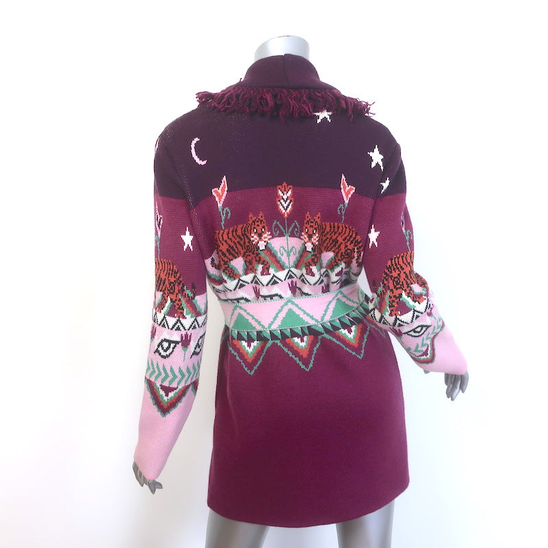 Hayley Menzies Tigress Belted Fringe Cardigan Plum/Multi Wool Size Extra Small