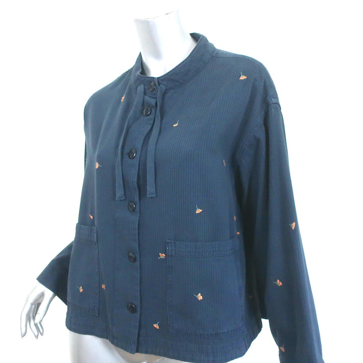 THE GREAT Jacket Navy Floral-Embroidered Cotton Size 0