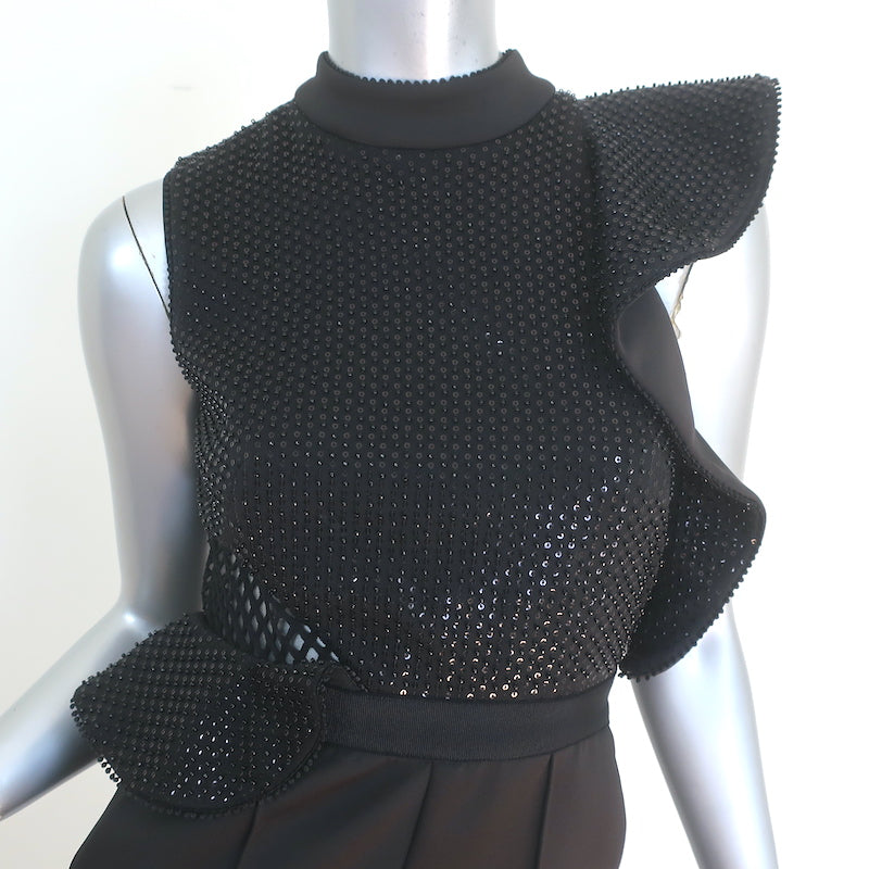 Self-Portrait Beaded Sequin Ruffle Jumpsuit Black Neoprene Size US 0