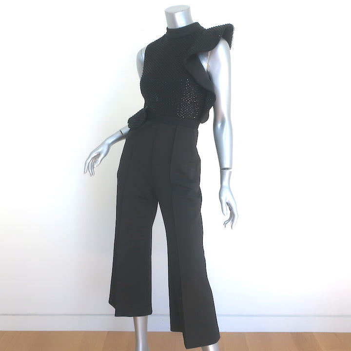 Self-Portrait Beaded Sequin Ruffle Jumpsuit Black Neoprene Size US 0