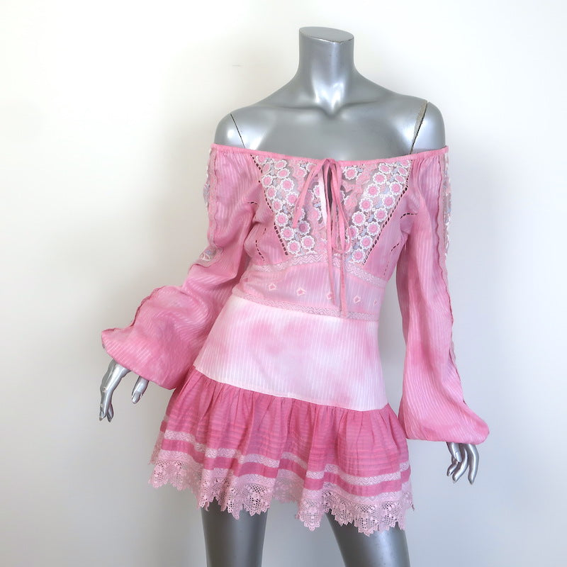 LoveShackFancy Chelie Ruffled Mini Dress Pink Embroidered Cotton Size 00
