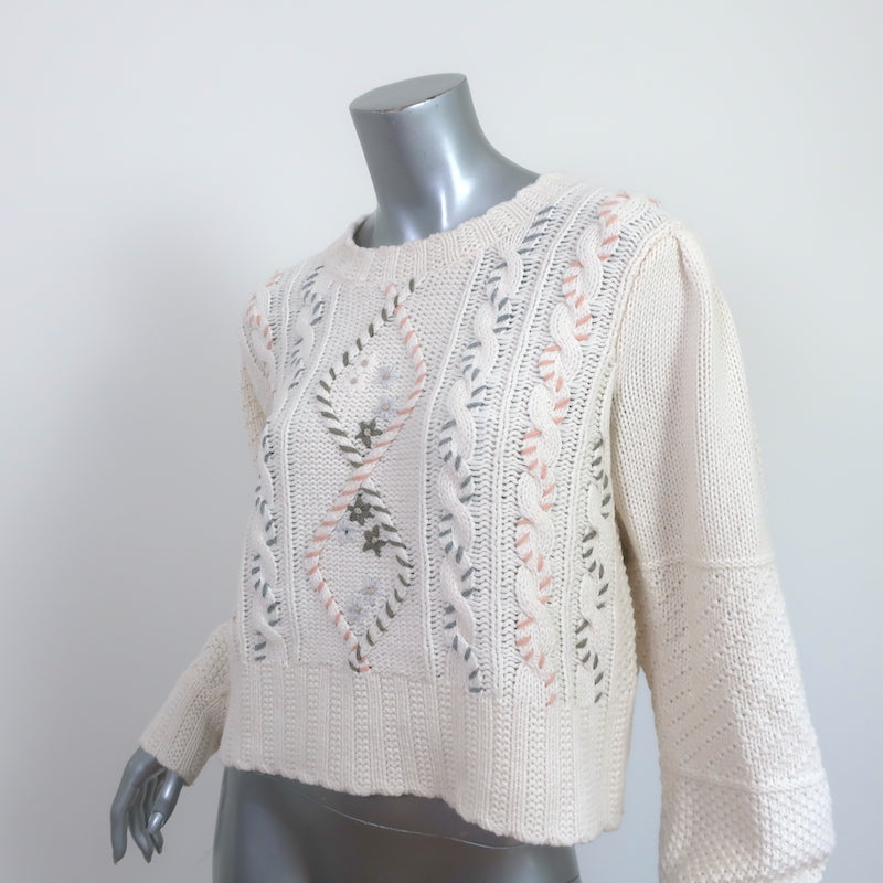 LoveShackFancy Sweater Leni Cream Embroidered Cable Knit Size Small