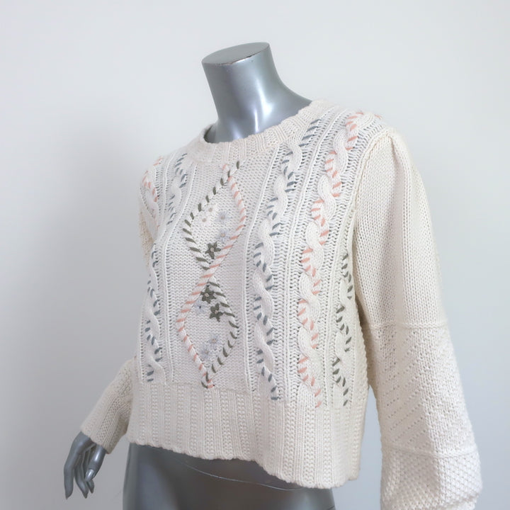 LoveShackFancy Sweater Leni Cream Embroidered Cable Knit Size Small