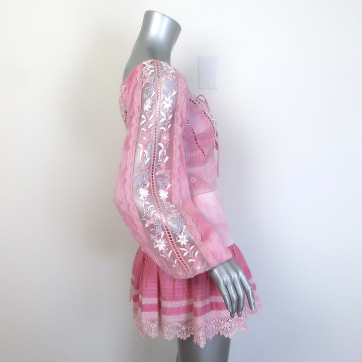 LoveShackFancy Chelie Ruffled Mini Dress Pink Embroidered Cotton Size 00