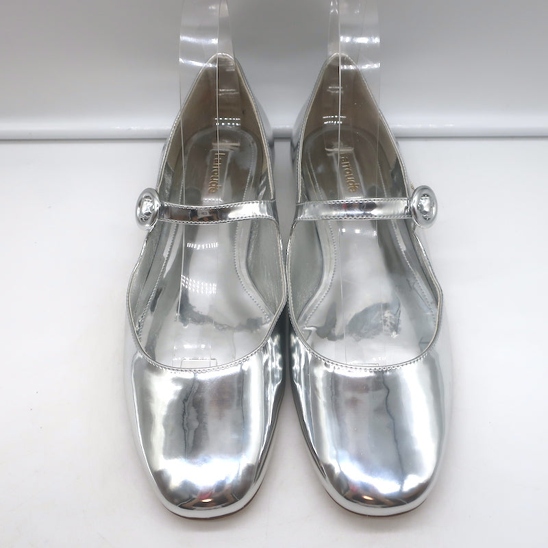 Larroude Blair Mary Jane ballet flats in silver mirrored leather, size 9, authentic pre-owned like-new luxury condition