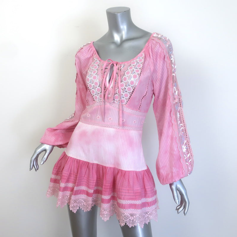 LoveShackFancy Chelie Ruffled Mini Dress Pink Embroidered Cotton Size 00
