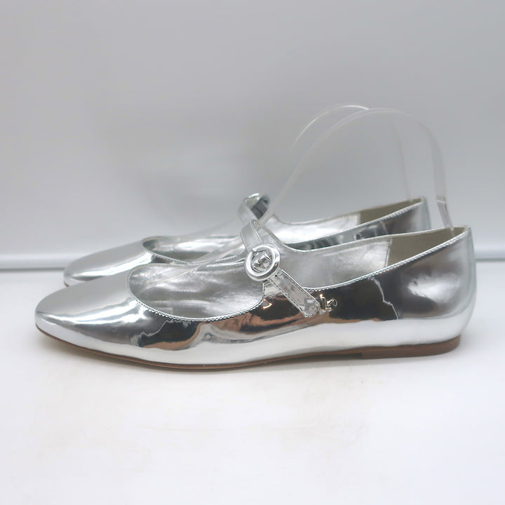 Authentic Larroude Mary Jane ballet flats, silver mirrored leather, pre-owned with light scuffs — size 9