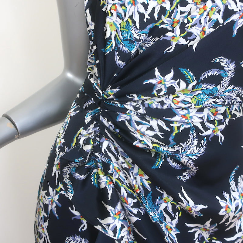 Cinq a Sept Mirna Asymmetric Ruffled Midi Dress Navy Floral Print Silk Size 6